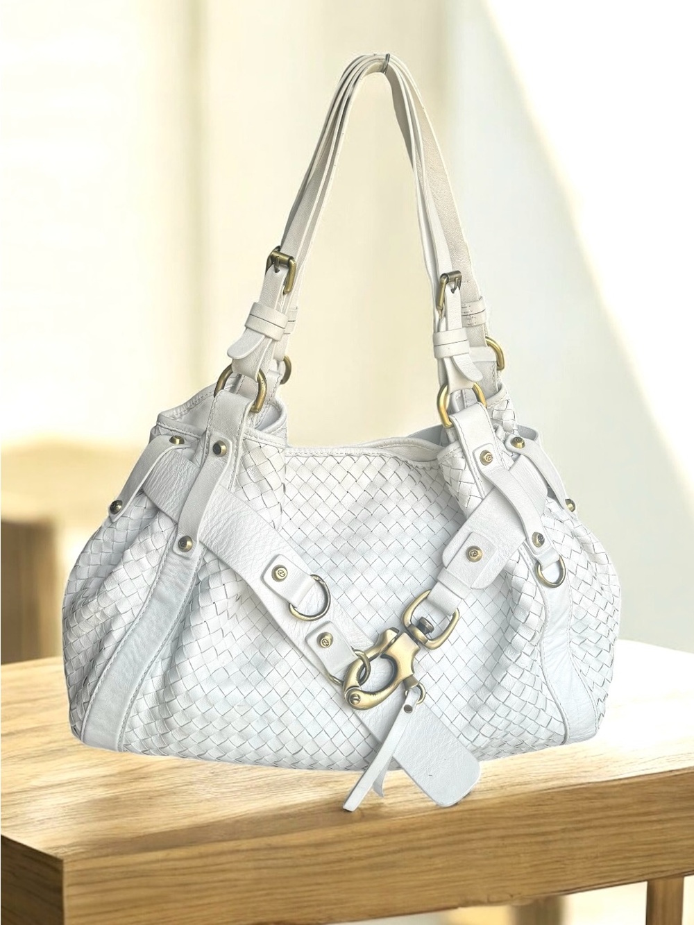 Francesco Biasia Large Woven Leather White Shoulder Hobo Bag